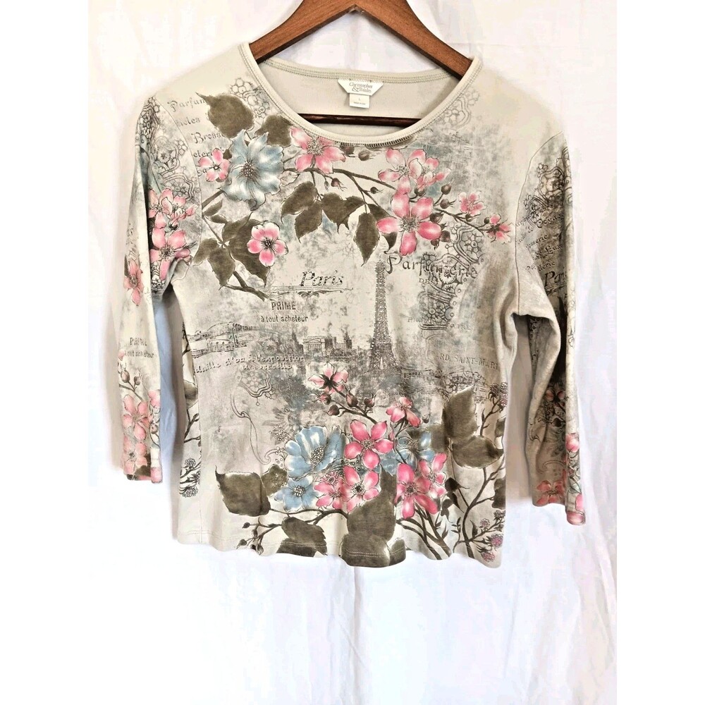 Christopher & Banks L Paris Eiffel Tower Floral Rhinestone Top 3/4 Sleeves USA